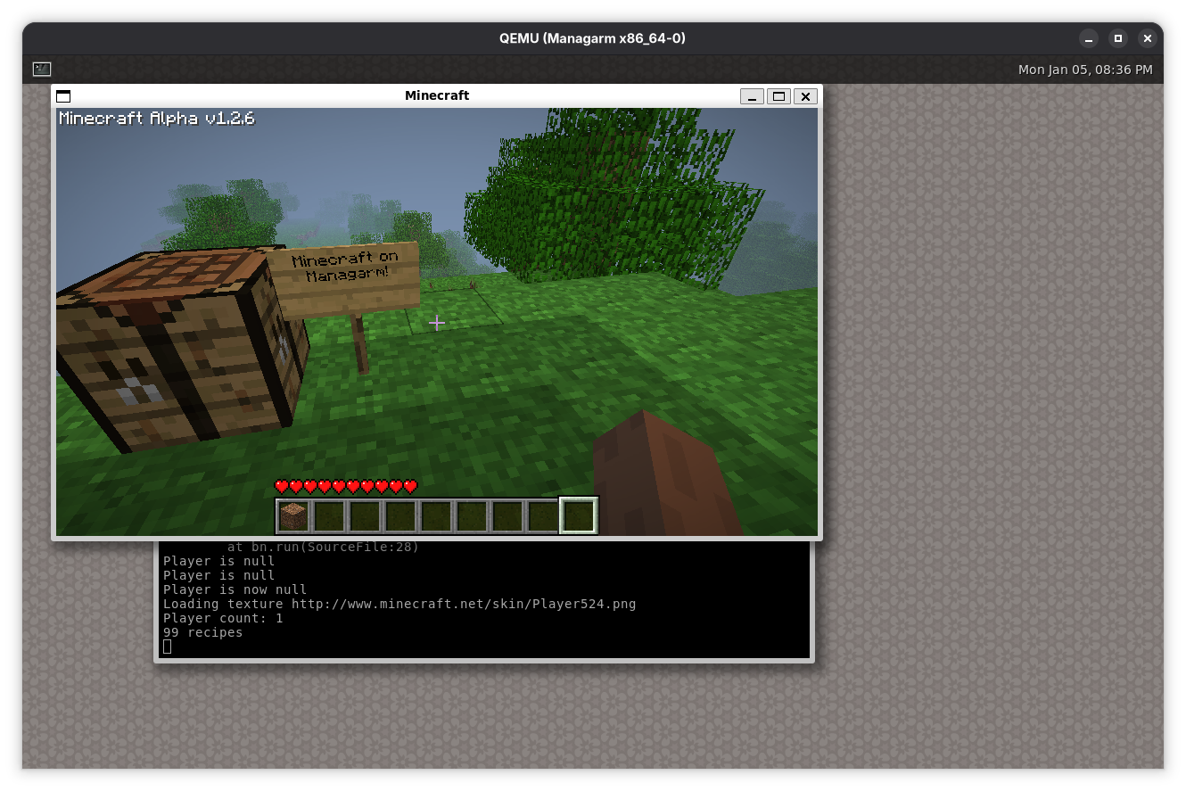 Minecraft Alpha running on Managarm