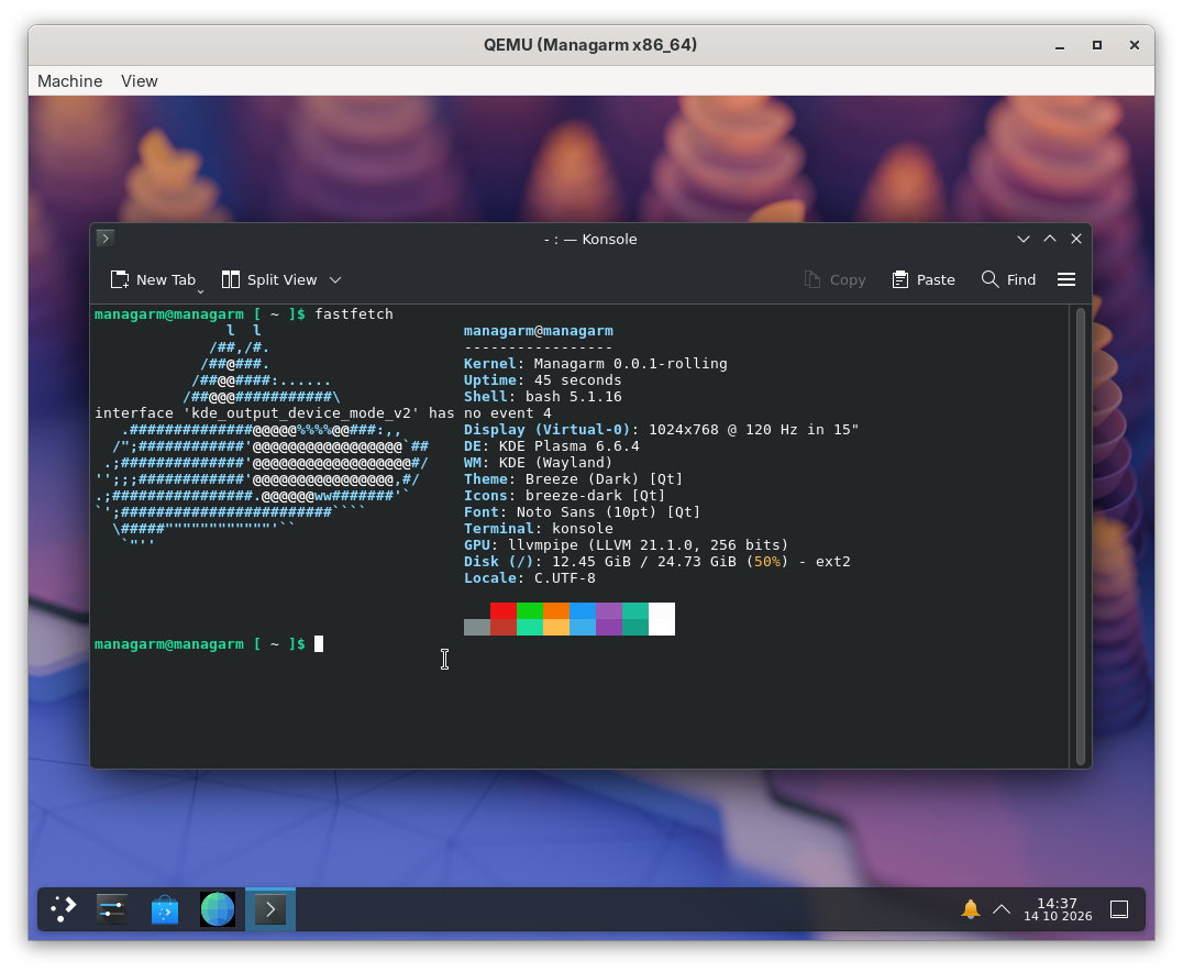 KDE Plasma 6 running on Managarm